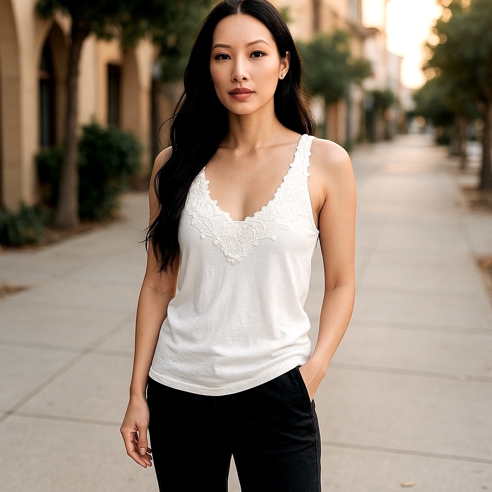 90s White Lace Trim Tank Top Cotton